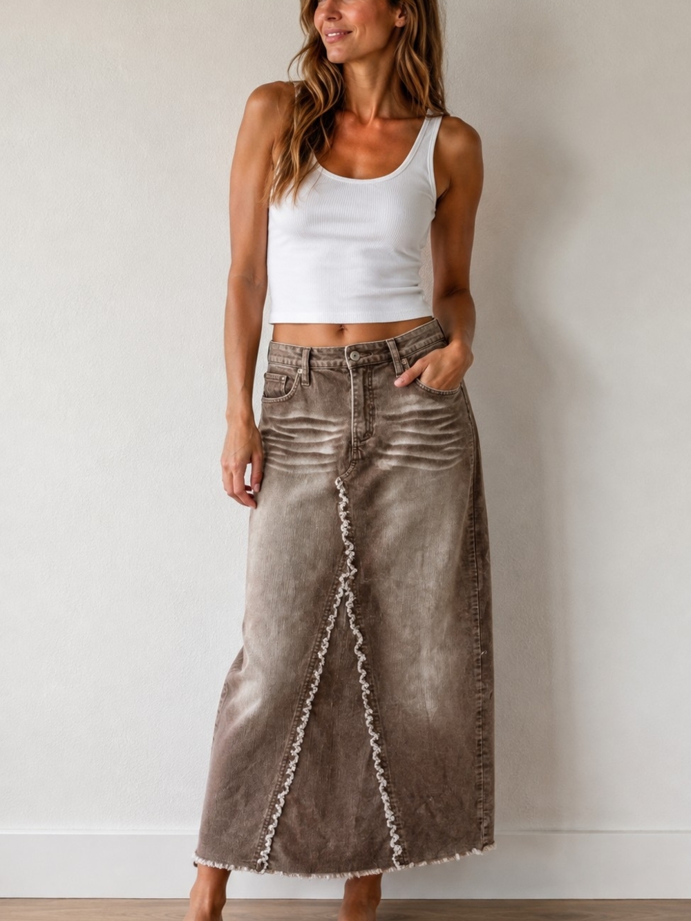 Y2K Brown Corduroy Maxi Skirt Raw Hem Boho